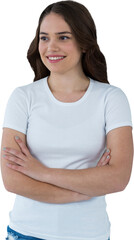 Smiling female model standing with arms crossed