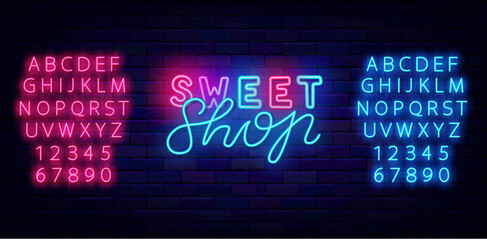 Sweet shop neon label. with lettering Candy bar logotype. Handwritten text. Glowing emblem. Vector stock illustration