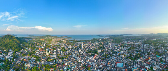Phuket city Thailand on March 2023, Aerial view drone photography High angle view of Phuket city, Phuket province Thailand, Panorama of phuket city thailand in sunset or sunrise sky background - obrazy, fototapety, plakaty