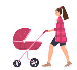 Young mom with baby carriage in outdoor activity. Nanny character walking with infant stroller. Maternity leave concept for Mother's day holiday. Happy motherhood hand drawn flat vector illustration