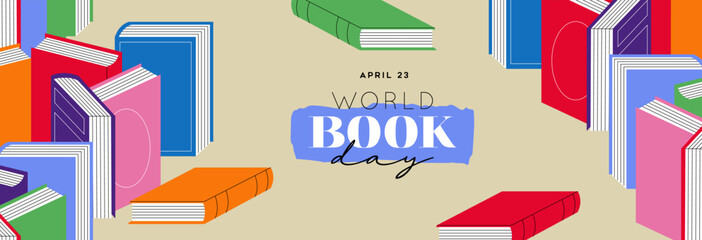 World Book Day web banner colorful books cartoon concept illustration