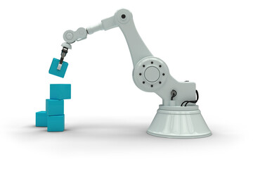 Robot hand keeping blue boxes in stack