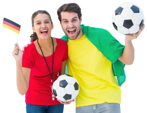 Football fan couple cheering and smiling at camera - Powered by Adobe