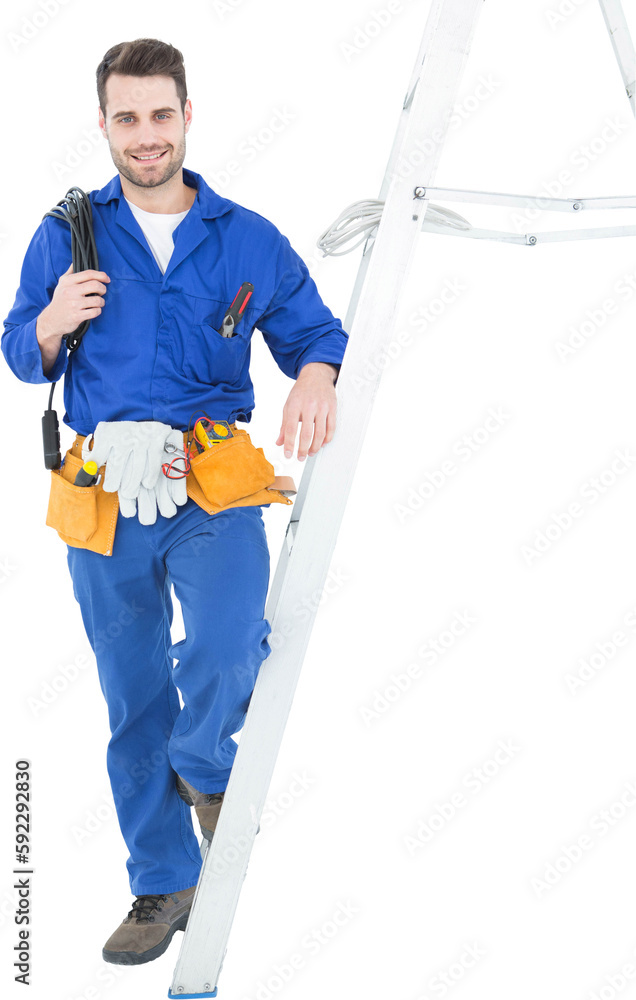 Wall mural confident construction worker standing by ladder