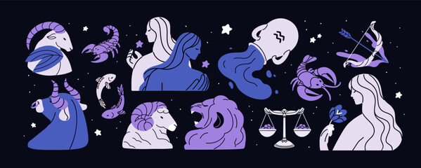 Zodiac symbols for astrology horoscope. Twelve astral constellation signs set. Modern-styled Capricorn, Gemini, Sagittarius, Scorpio, Leo, Libra and stars bundle. Isolated flat vector illustrations © Good Studio