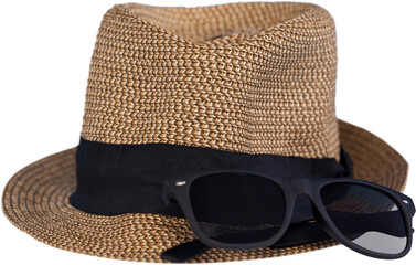 Close-up of hat and sunglasses