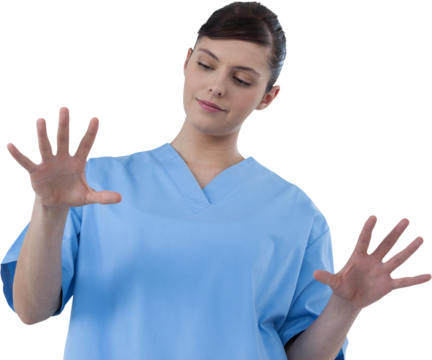 Beautiful female doctor using invisible digital screen