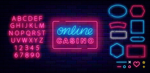 Online casino neon sign. Frames collection. Logotype on brick wall. Poker club inscription. Vector stock illustration