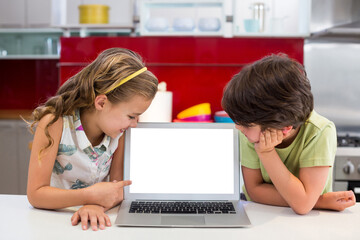 Smiling siblings looking at laptop