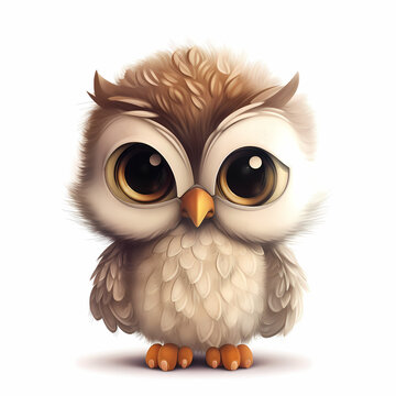 Baby Owl Cartoon Isolated On White Background. Generative AI