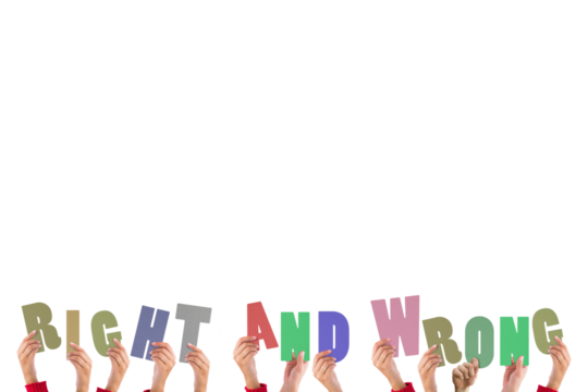 Hands holding up right and wrong - Powered by Adobe