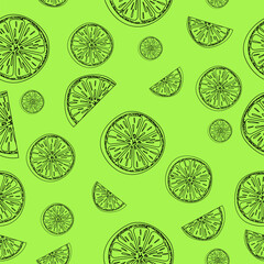 Seamless bright light green pattern with fresh green lemons for fabric, label drawing, t-shirt print, kids room wallpaper, fruit background. Lemon doodle slices in green background style
