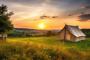 Fototapeta na wymiar luxury camping in the beautiful countryside with sunset background, nice landscape