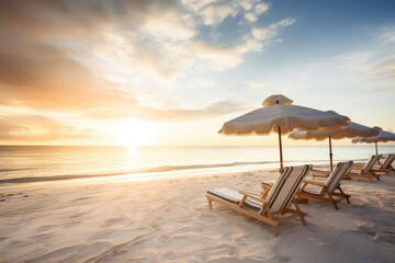 Beautiful beach with white sand, chairs and umbrella, beautiful beach landscape