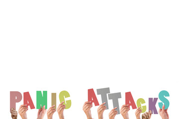 Cropped hands holding colorful words panic attacks 