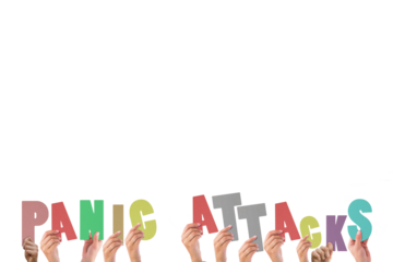 Cropped hands holding colorful words panic attacks 