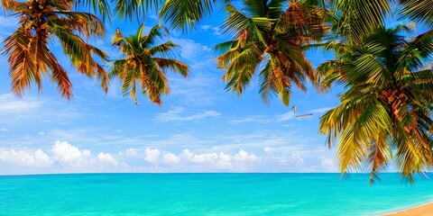 Sea beach with crowns of palm tree