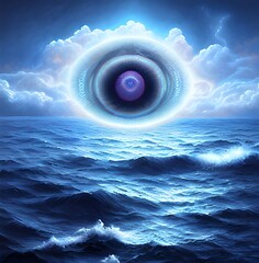 God eye over the sea surface, mystic phantasy illustration
