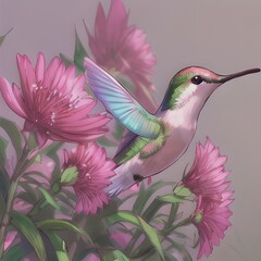 Beautiful hummingbird on pink flowers plant,  AI generated illustration