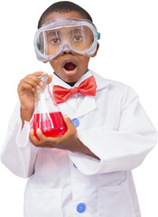 Portrait of shocked schoolboy holding beaker with red liquid