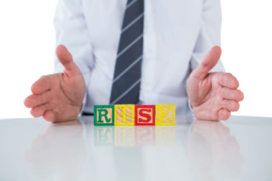 Mid section of businessman with risk text