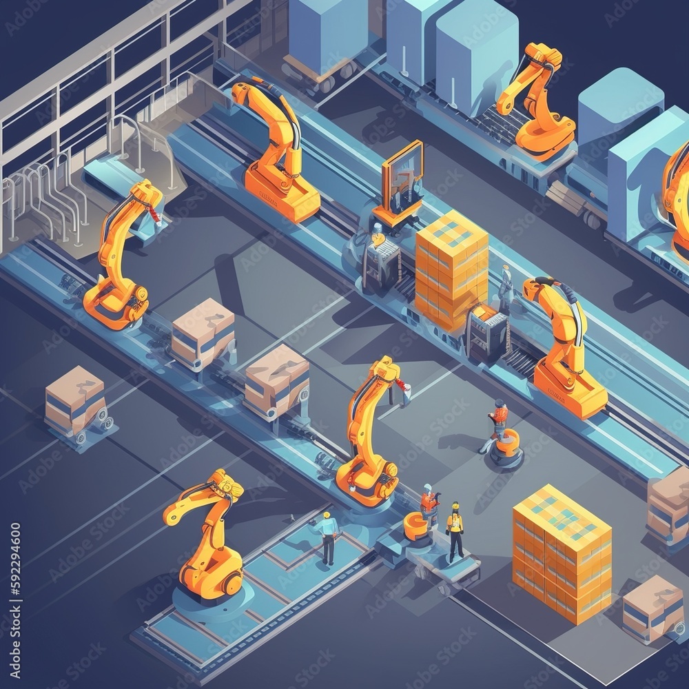 Poster automation factory or cargo with robot arms and warehouse robots. generative ai