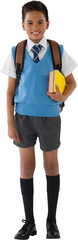 Portrait of schoolboy with schoolbag holding books