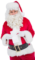Happy santa holding paper and pen