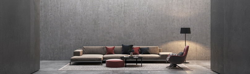 Large luxury modern bright interiors Living room mockup banner illustration 3D rendering computer digitally generated image