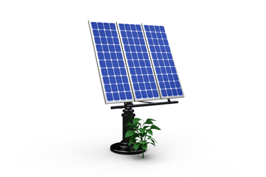 3D Blue solar panel with plant