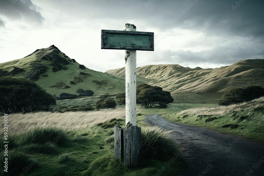 Poster forested hills and trees provide the backdrop for this shot of a road sign. generative ai