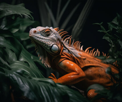 Detailed portrait of orange iguana, generative ai