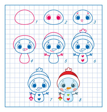 How to Draw Snowman, Step by Step Lesson for Kids cartoon vector illustration