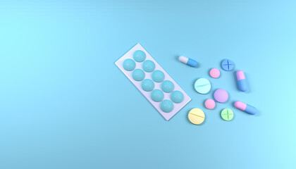 Colored Pills, Tablets and Capsules Blisters for Pharmacy and Medicine, with a Syringe. Blue medical Background. 3d render