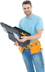 Happy construction worker holding toolbox