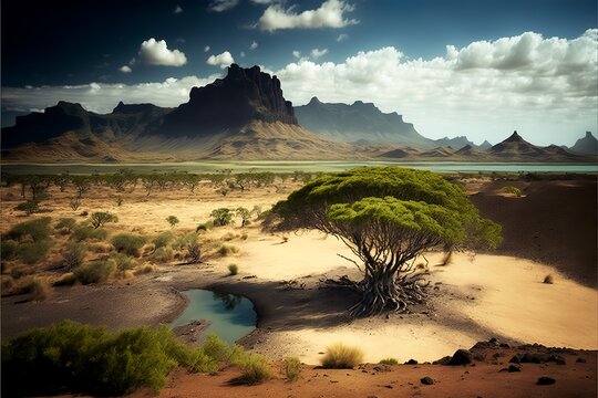 a picture of a hiking bench, mountain, river and beautiful vegetation