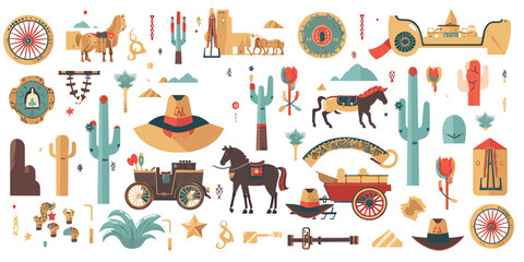 Wild-west western symbols on white background