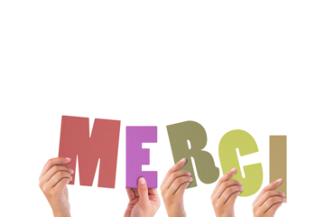 Colorful alphabet spelling thank you in French held up by people 