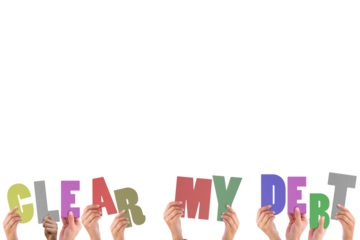 Colorful alphabet spelling clear my debt held up by people 