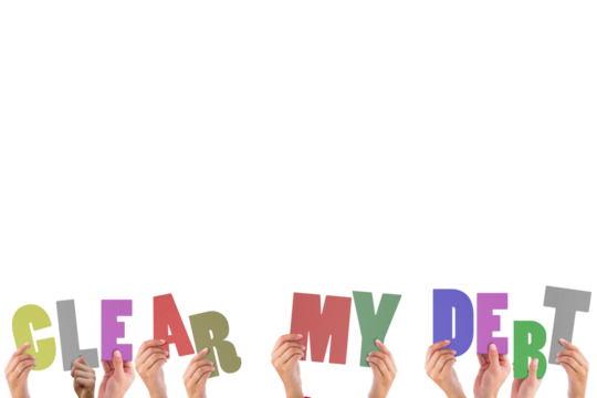 Colorful alphabet spelling clear my debt held up by people  - Powered by Adobe