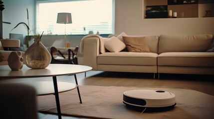 Autonomous robot cleaner vacuuming a living room in a smart home, showcasing advanced technology and convenience. Generative AI
