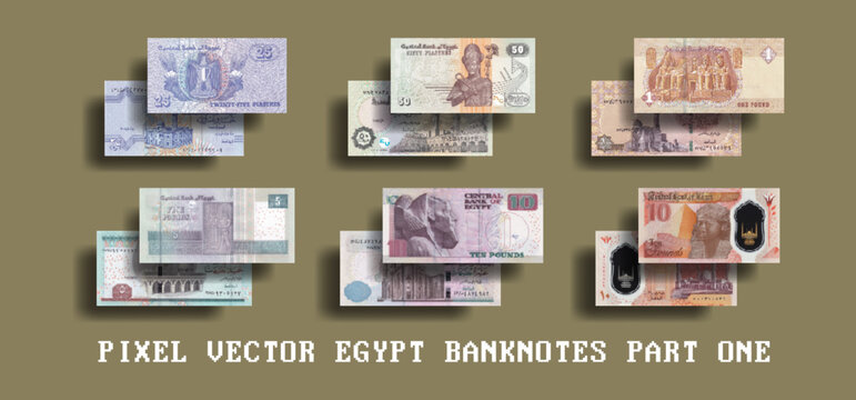 Vector set of pixel mosaic Egyptian banknotes. Paper and plastic bills, denominations of 25 and 50 piastres, 1, 5 and 10 pounds. Part one.