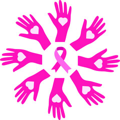 Graphic image of breast cancer awareness ribbon amidst cropped hands