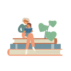 Happy grandmother and granddaughter sitting on giant stack of books together read book. Flat vector illustration