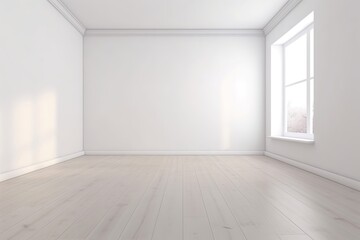 white empty room with a wooden floor, Generative AI