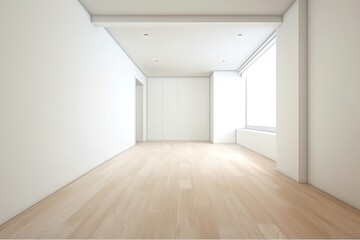 Simple and modern empty white room with a wooden floor, Generative AI