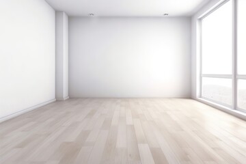 Minimalistic white room with wooden flooring, empty room, Generative AI