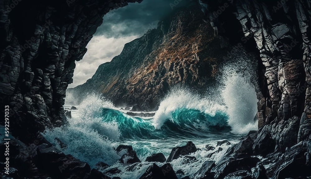 Poster mesmerizing view of the ocean waves crashing into the rocks near the shore generative ai