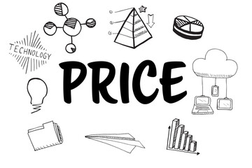 Price text amidst several vector icons