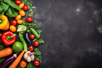 Colorful vegetables on dark stone table, flat lay. Free space for a text. Generative AI